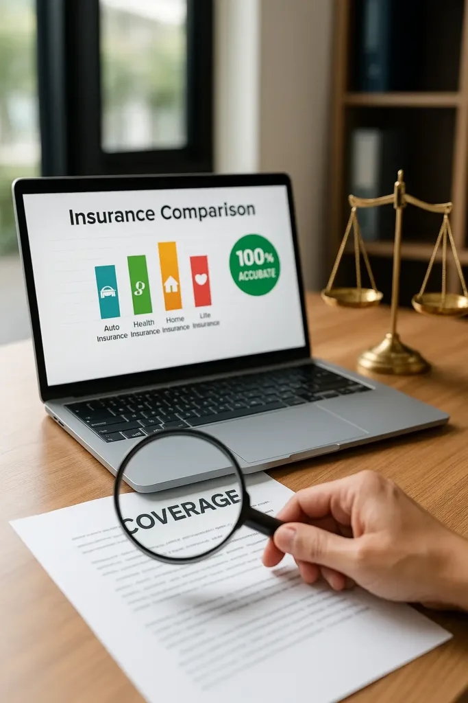 Guide to Insurance in the USA insurance Close-up of a laptop showing insurance comparison chart with auto, health, home, and life coverage options, and a magnifying glass focusing on the word coverage